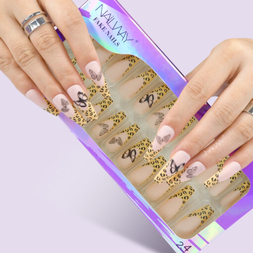 Butterfly Print Long Coffin French Nails Tip Press On Nails