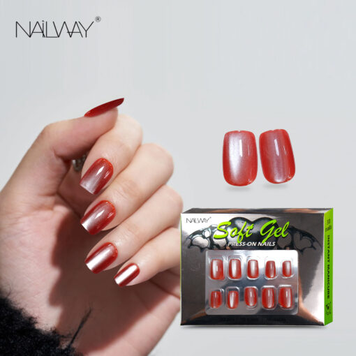 Nailway 30Pcs Red Color Cat Eye Soft Gel Fake Nails