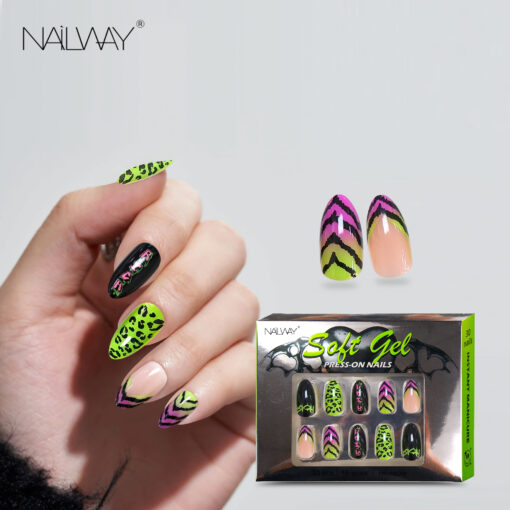 Nailway Fashion Design 30 Pcs Almond Shape Green Color Fake Nails