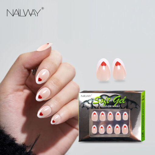 Nailway 30Pcs Oval French Soft Gel Press On Nails With Heart