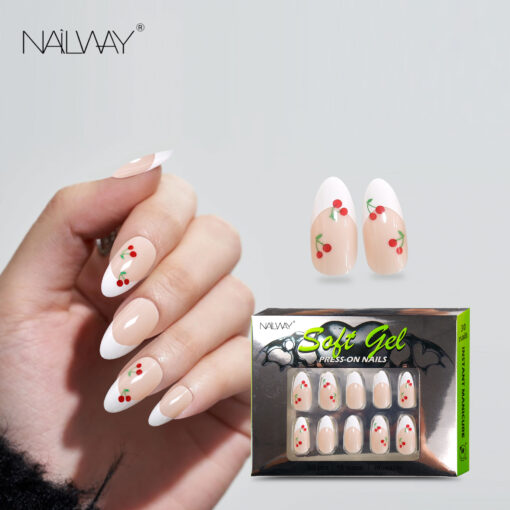 Nailway 30Pcs Almond Hot Cherry Design Soft Gel Press On Nails