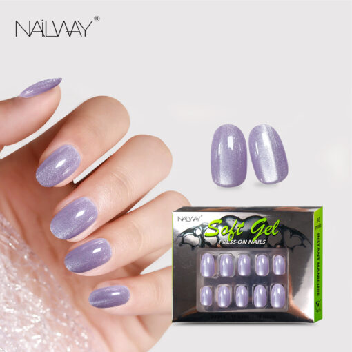 Nailway 30Pcs Short Almond Purple Color Cat Eye Soft Gel Press On Nails