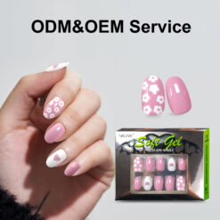 Nailway Oval Shape 30Pcs Pink With White Flower Gel Artificial Nails