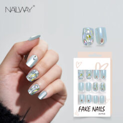 Nailway 24Pcs Handmade Short Square Shiny Light Blue Cat Eye Fake Nails With Rhinestone