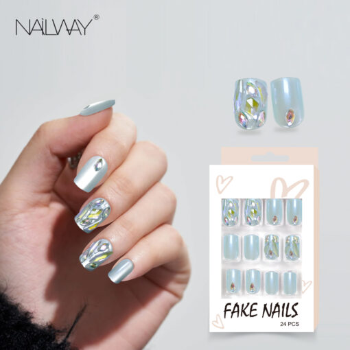 Nailway 24Pcs Handmade Short Square Shiny Light Blue Cat Eye Fake Nails With Rhinestone
