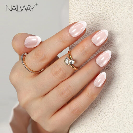 Almond Chrome Medium Acrylic White Tips Full Cover Stick on Artificial for Women Manicure