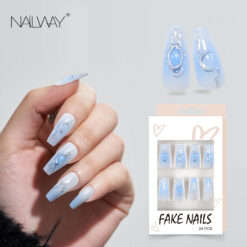 Beautiful Light Blue Color 24Pcs Long Coffin Fake Nails With 3D Silver Moon Design