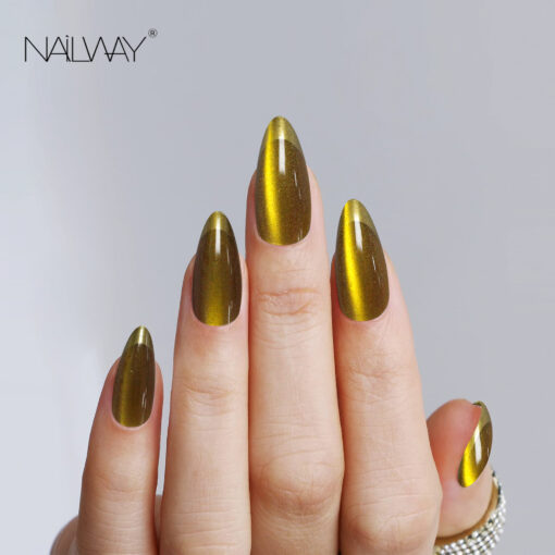Wholesale Long Stiletto Shape 24 Pcs Yellow Color Cat Eye Press On Nails