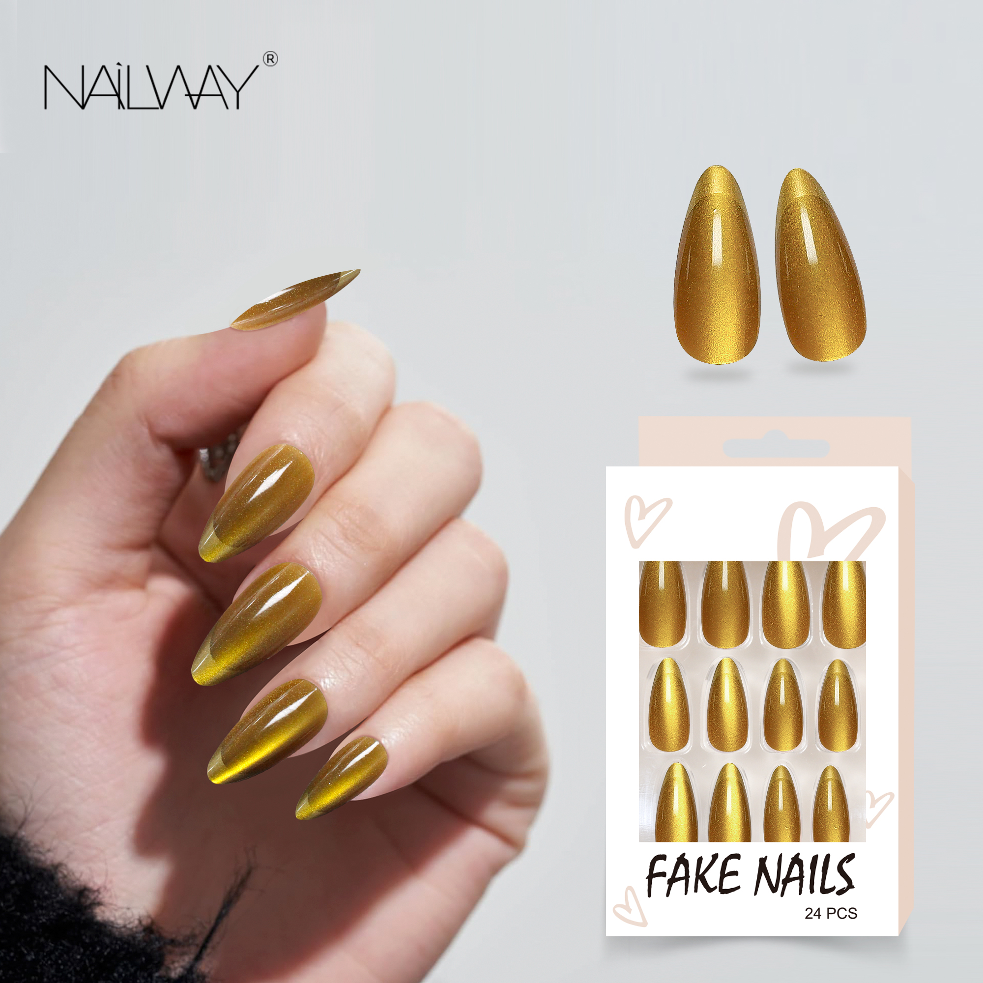 Wholesale Long Stiletto Shape 24 Pcs Yellow Color Cat Eye Press On Nails - Image 2