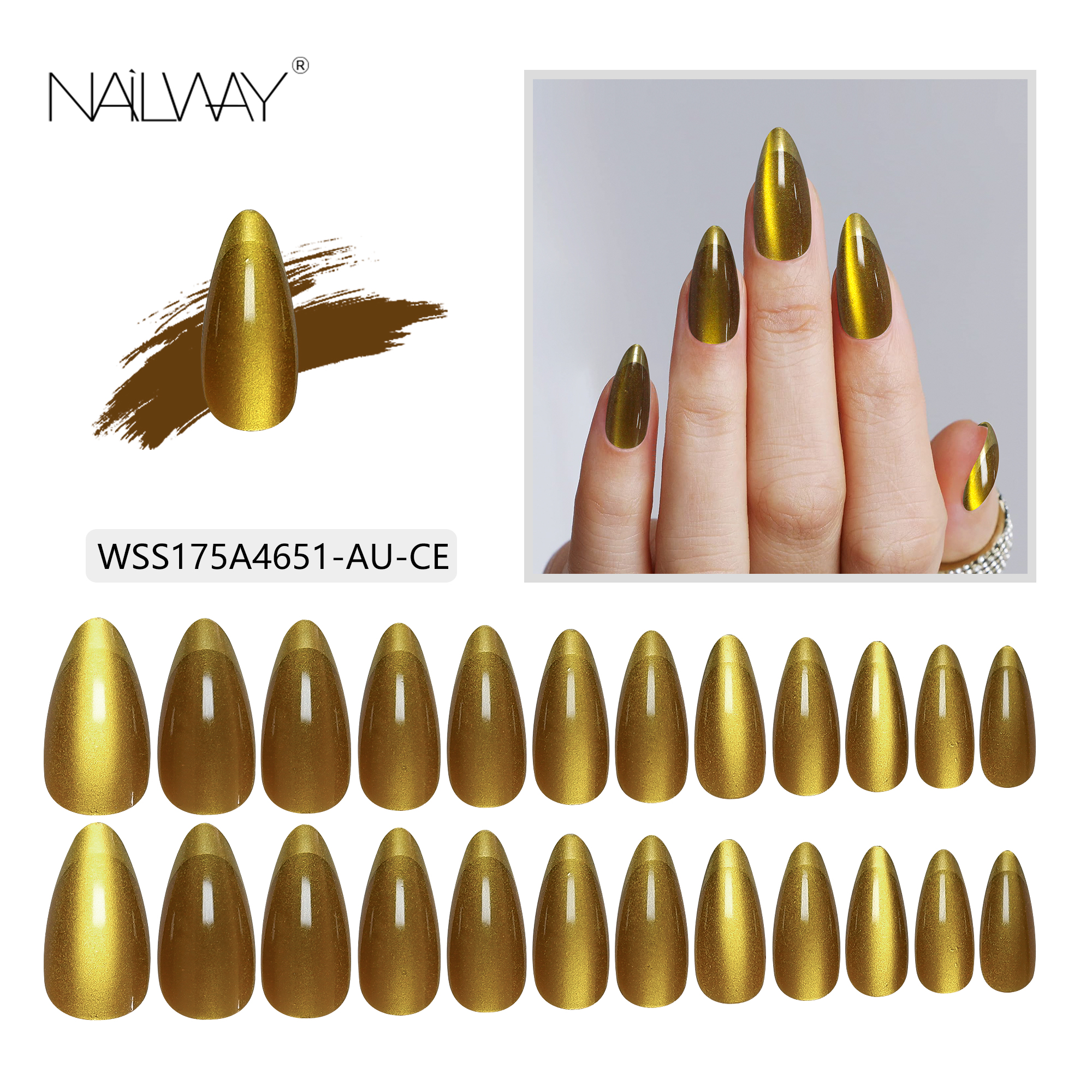 Wholesale Long Stiletto Shape 24 Pcs Yellow Color Cat Eye Press On Nails - Image 5