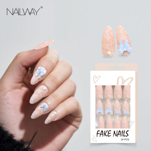 High Quality 24 Pcs 12 Sizes Carve Patterns Almond Press On Nails With Blue Bowknot Decoration