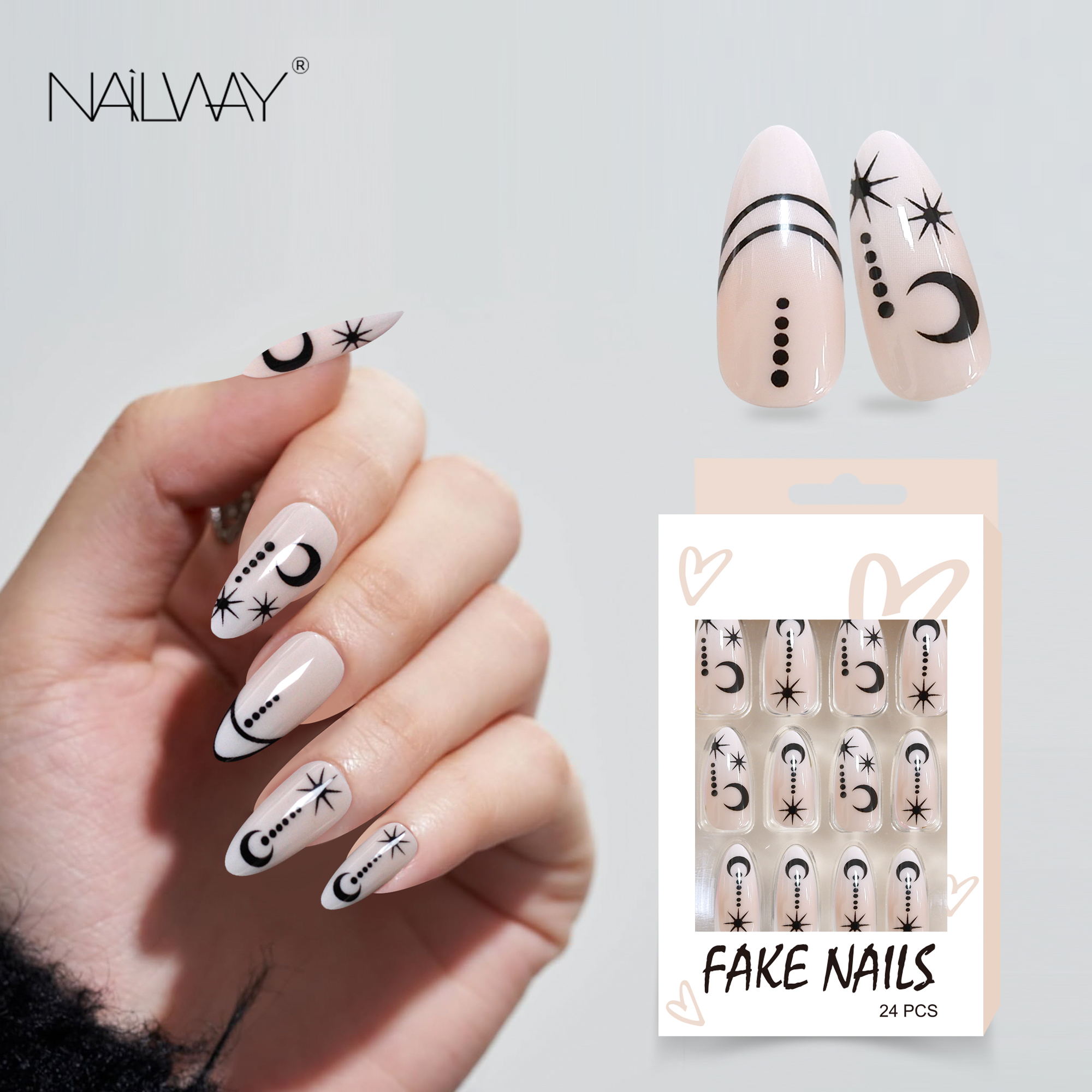 Perfect Shape Reusable Glossy Full Cover 24Pcs Moon Star Print Long Stiletto Fake Nails