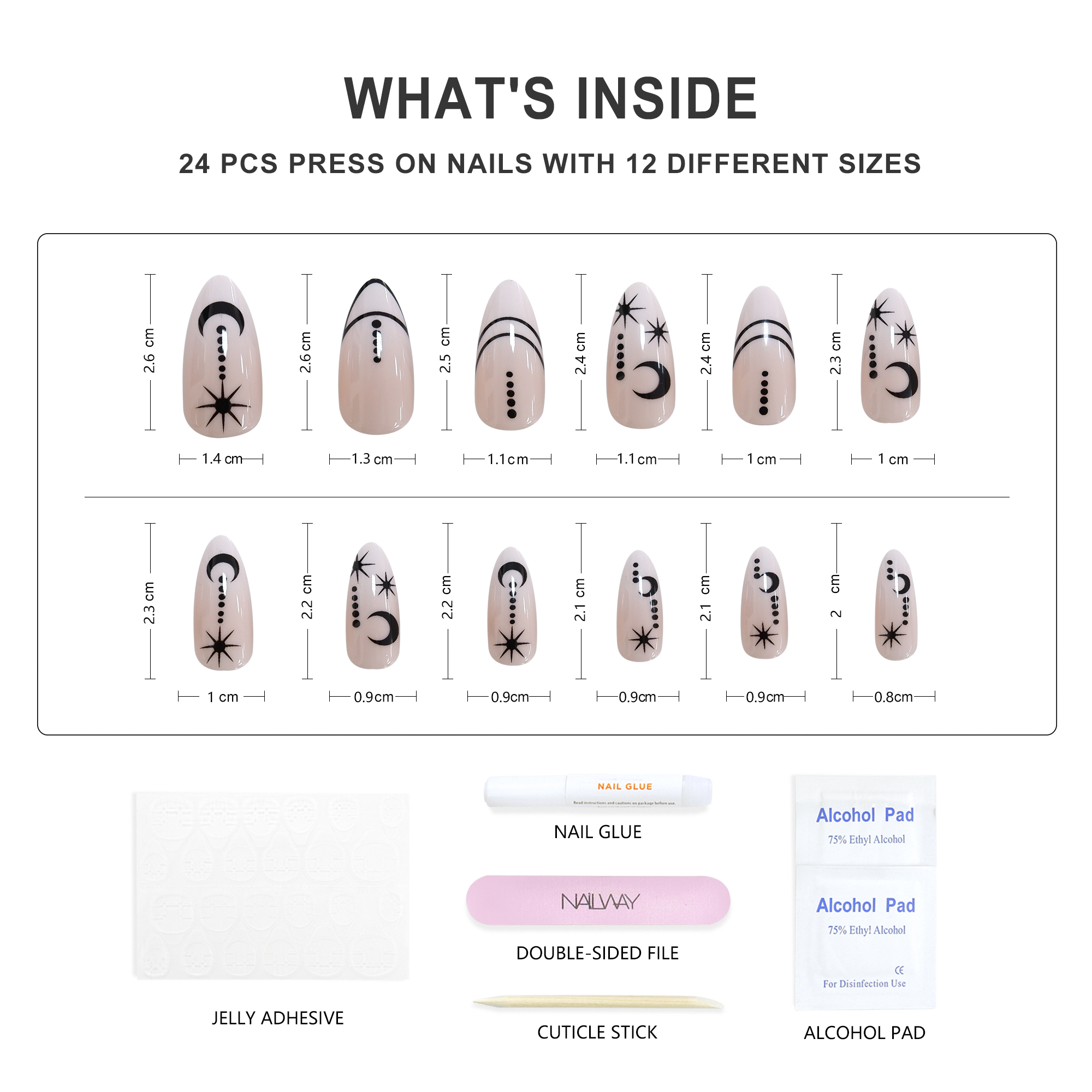 Perfect Shape Reusable Glossy Full Cover 24Pcs Moon Star Print Long Stiletto Fake Nails - Image 4