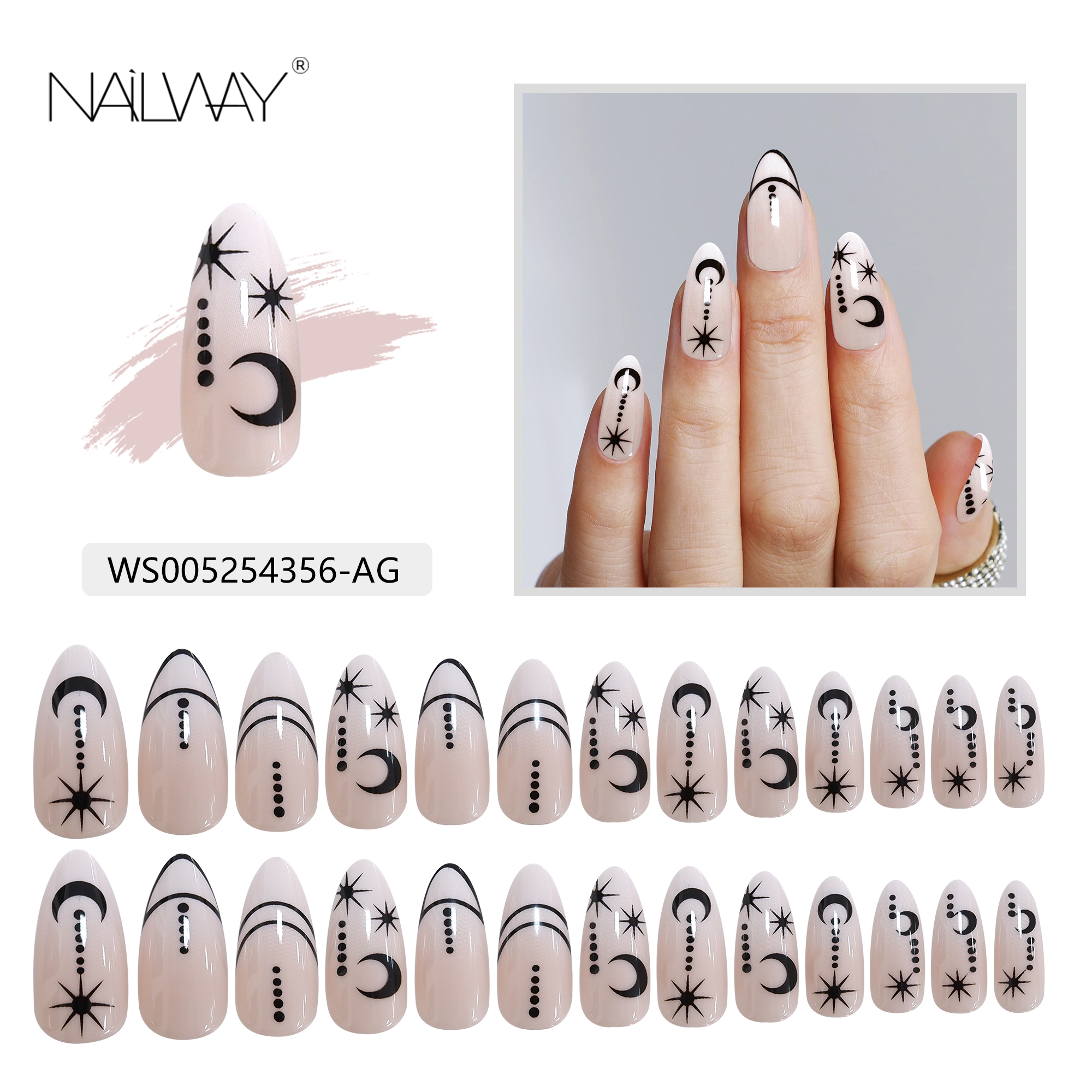 Perfect Shape Reusable Glossy Full Cover 24Pcs Moon Star Print Long Stiletto Fake Nails - Image 5