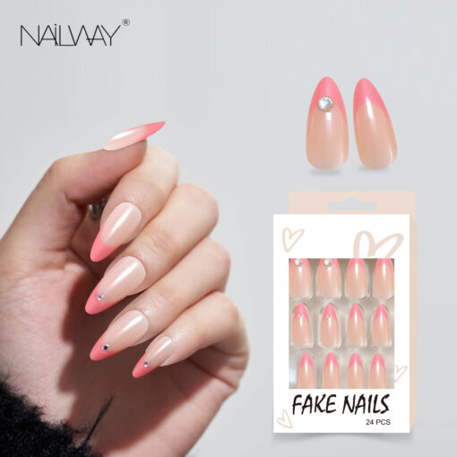 High Quality Glossy 24Pcs 12 Sizes Pink Tip French Press On Nails Artificial Nails