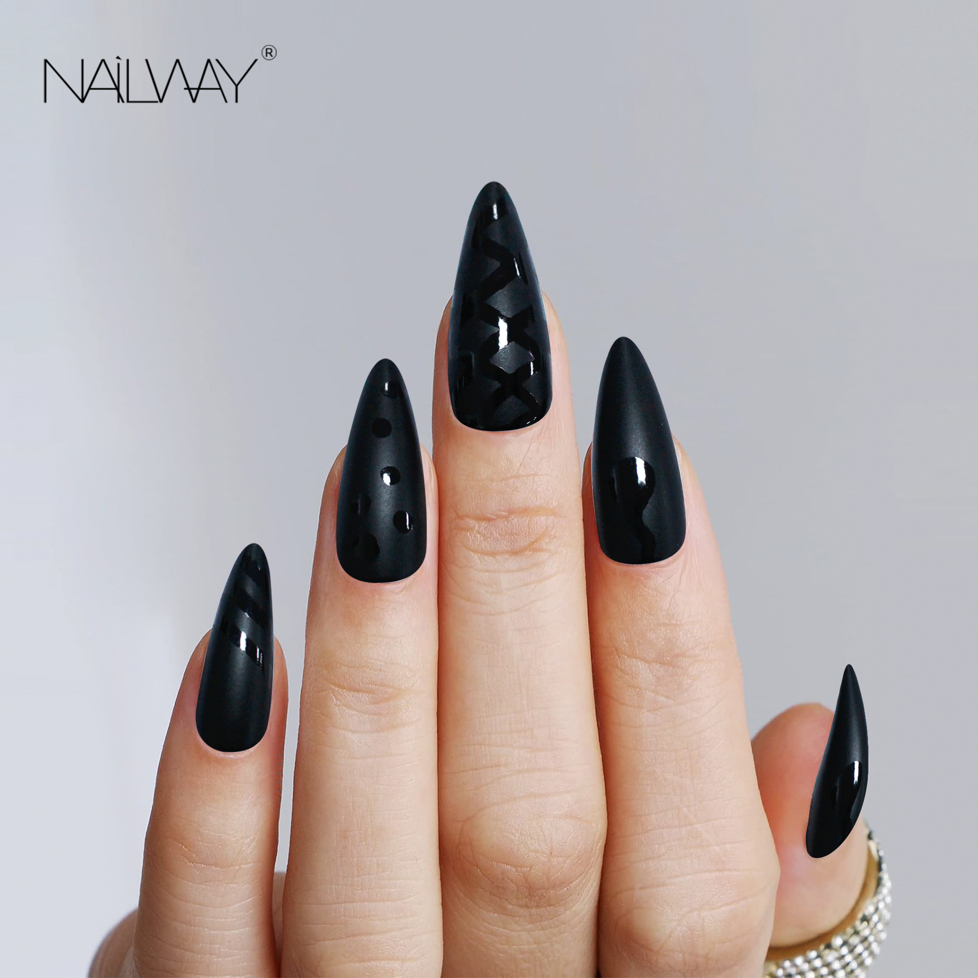 High Quality Easy To Wear Matte Black Color Long Stiletto Press On Nails Artificial Nails - Image 2