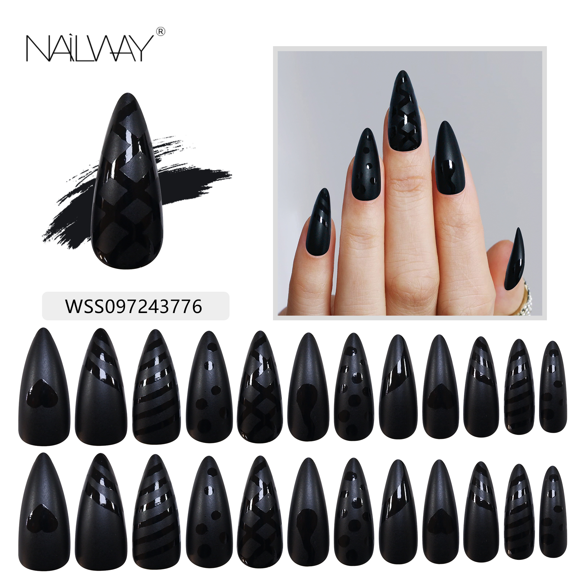 High Quality Easy To Wear Matte Black Color Long Stiletto Press On Nails Artificial Nails - Image 5