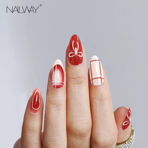 Fashion Design 24Pcs 12 Sizes Red Color Full Cover Almond Press On Nails With Cherry