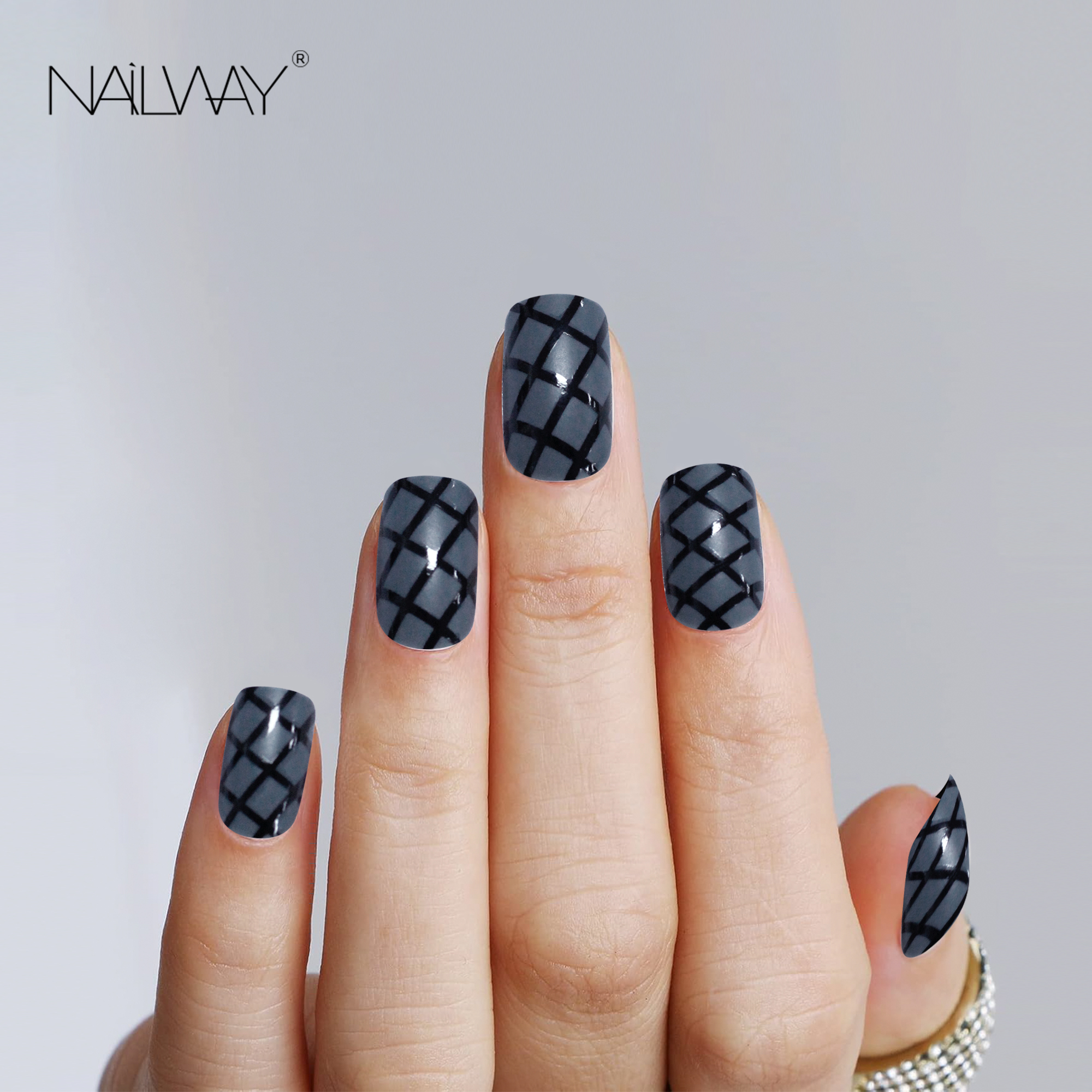 High Quality ABS Material Matte Blue Color Black Stripe Glue On Nails Halloween Design Fake Nails - Image 2