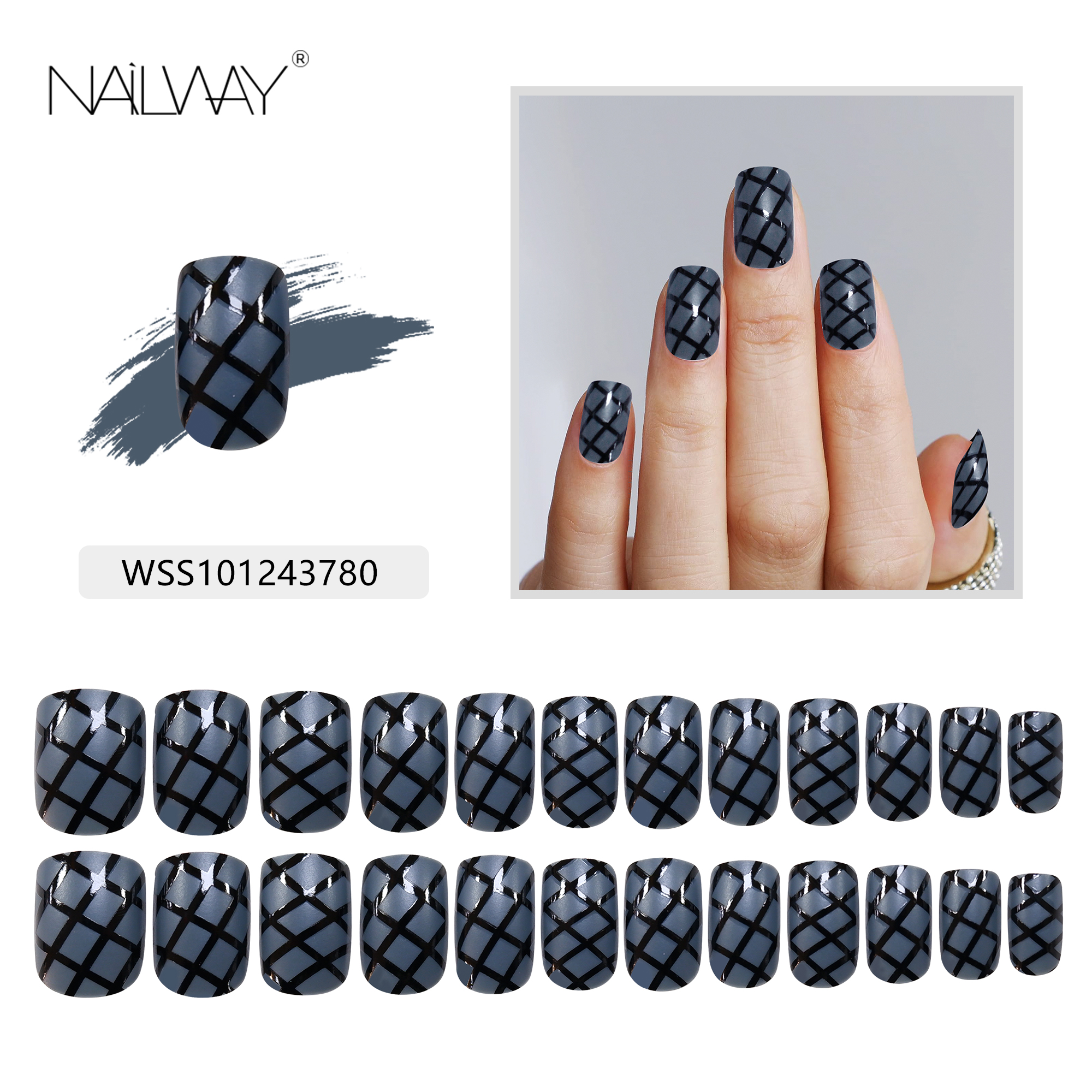 High Quality ABS Material Matte Blue Color Black Stripe Glue On Nails Halloween Design Fake Nails - Image 5