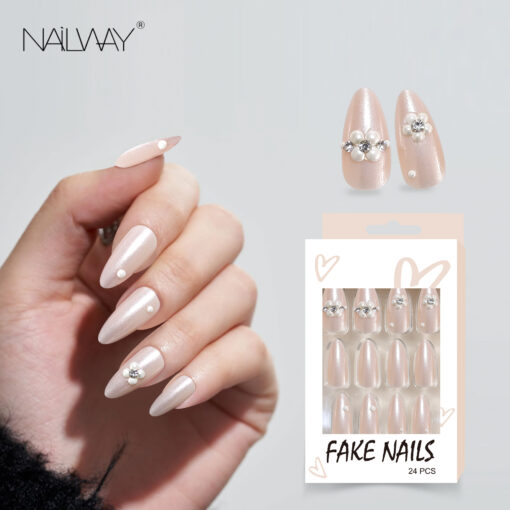 Professional Nail Supplier Custom 24 Pcs 12 Sizes Pearl Design Almond Press On Nails