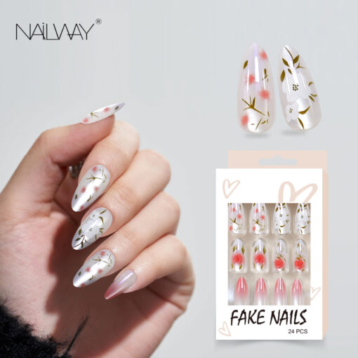 Reusable Luxury Glossy Full Cover High Quality ABS 24Pcs 12 Sizes Cat Eye Press On Nails With Flower Design