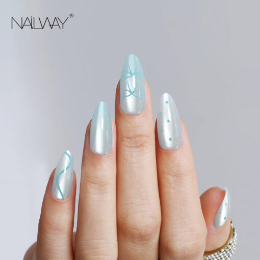 Nailway Wholesale Custom Reusable Light Blue Color Glossy Cat Eye Finger Nails Press On Nails