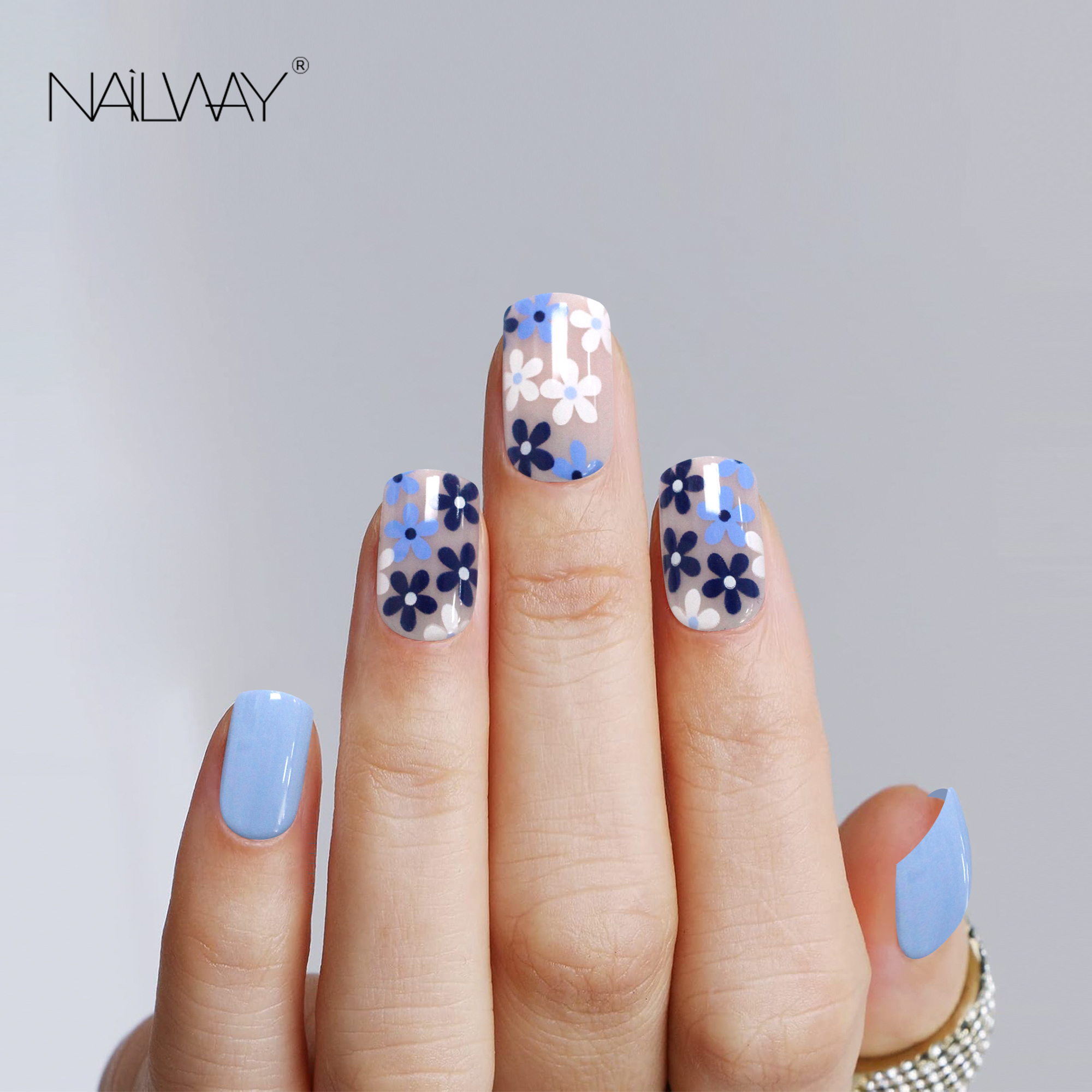 High Quality Glossy 24 Pcs Light Blue Flower Print Short Square Press On Nails Fake Nails - Image 2