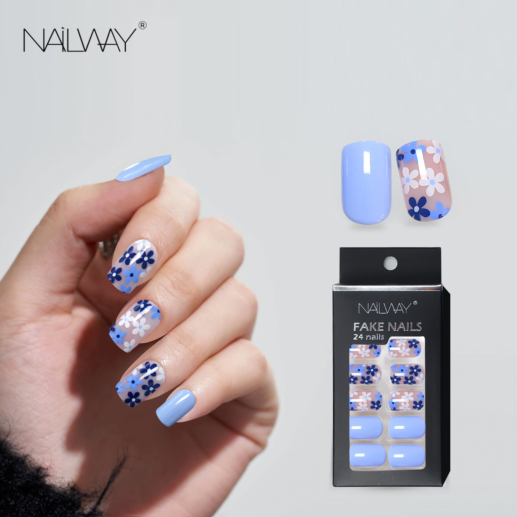 High Quality Glossy 24 Pcs Light Blue Flower Print Short Square Press On Nails Fake Nails