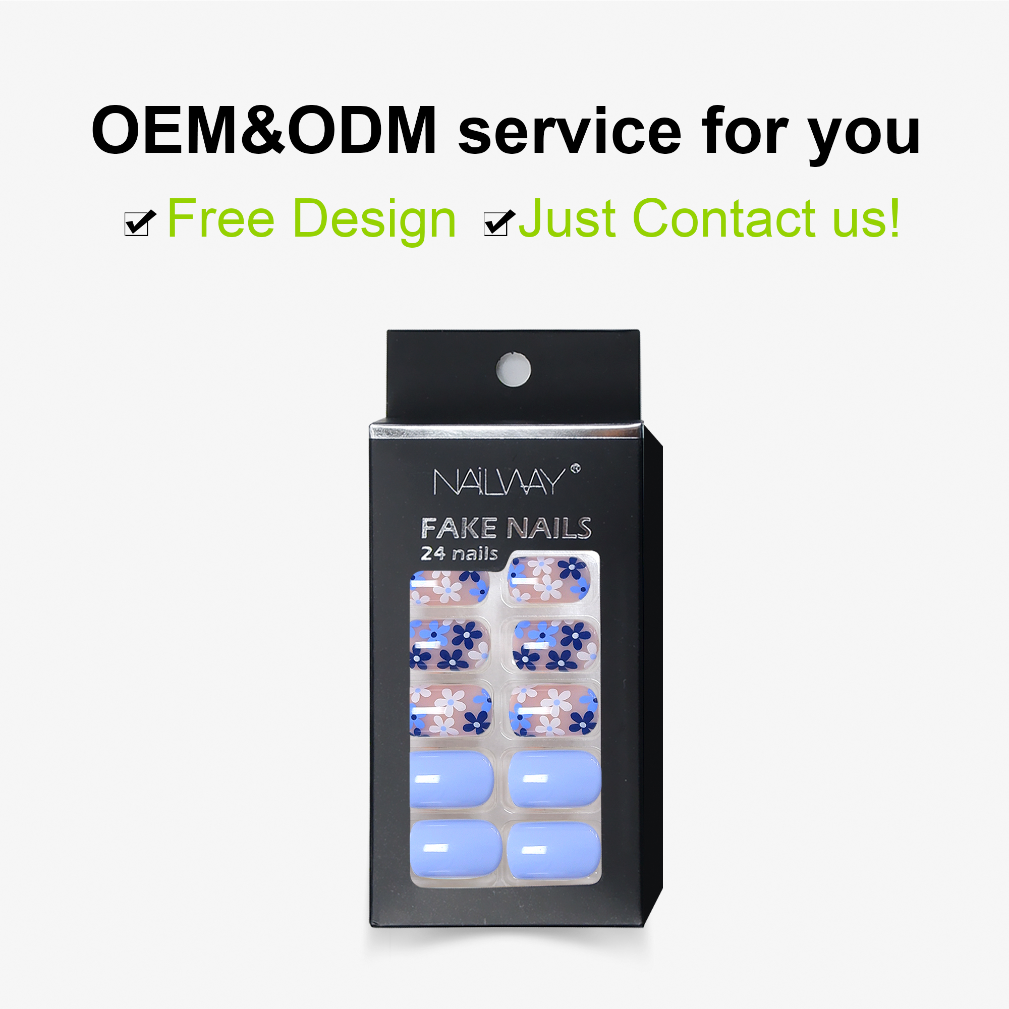 High Quality Glossy 24 Pcs Light Blue Flower Print Short Square Press On Nails Fake Nails - Image 3