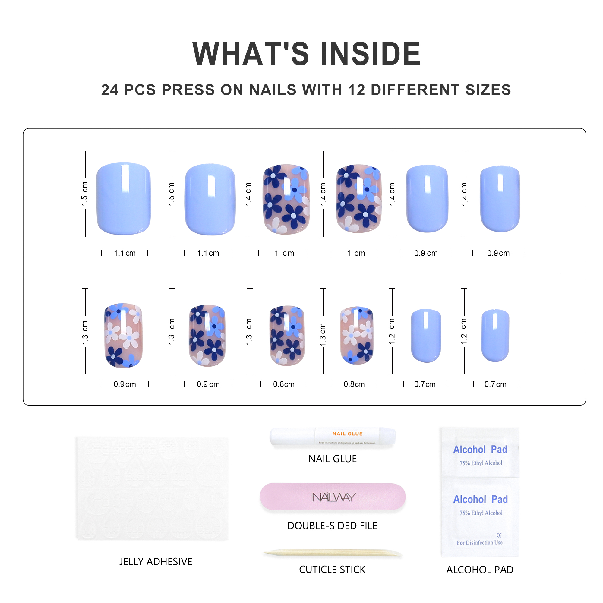 High Quality Glossy 24 Pcs Light Blue Flower Print Short Square Press On Nails Fake Nails - Image 4