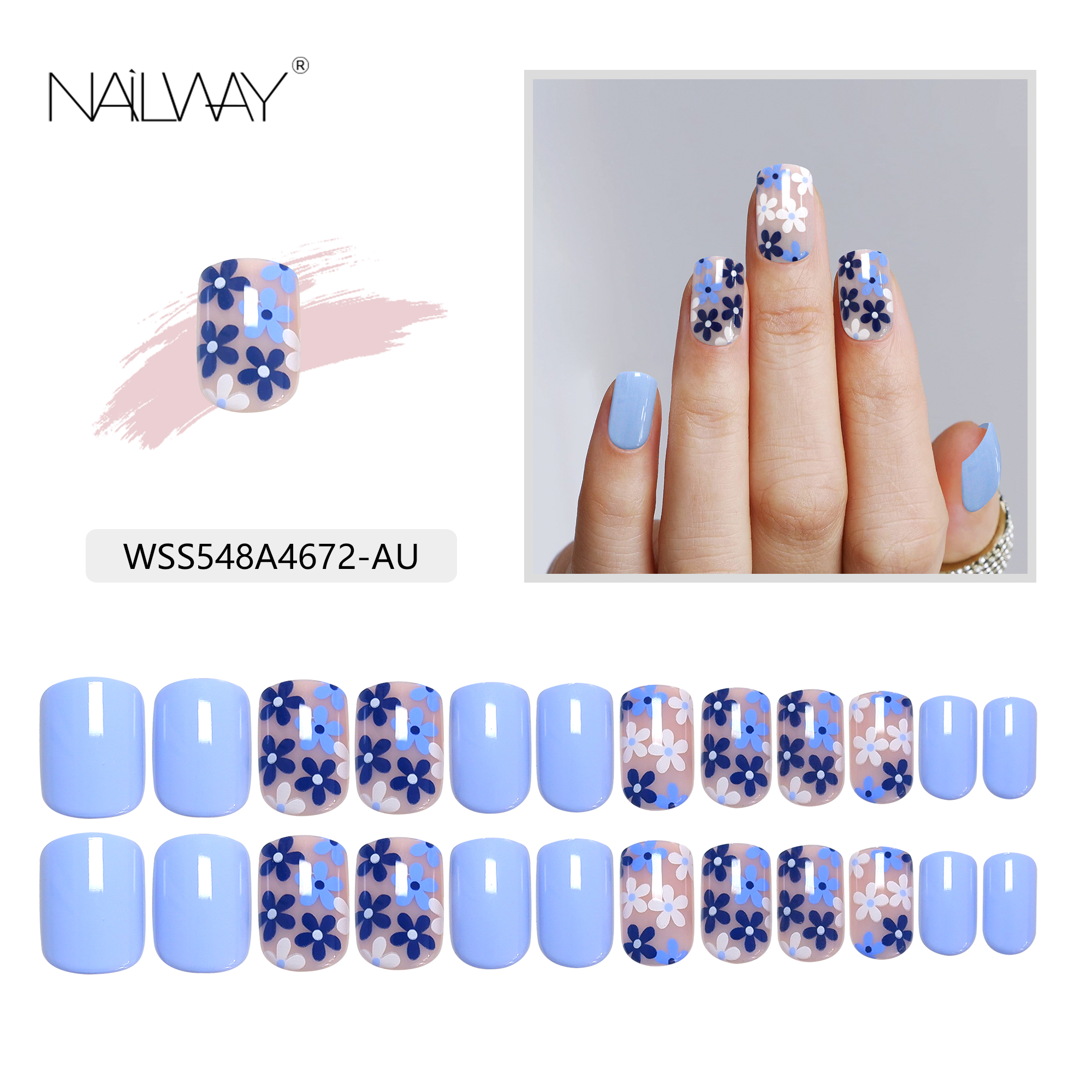 High Quality Glossy 24 Pcs Light Blue Flower Print Short Square Press On Nails Fake Nails - Image 5
