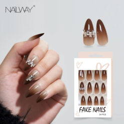 Brown Ombre Press on Nails Short Almond Nail Tips Full Cover Reusable False Nails With Rhinestones