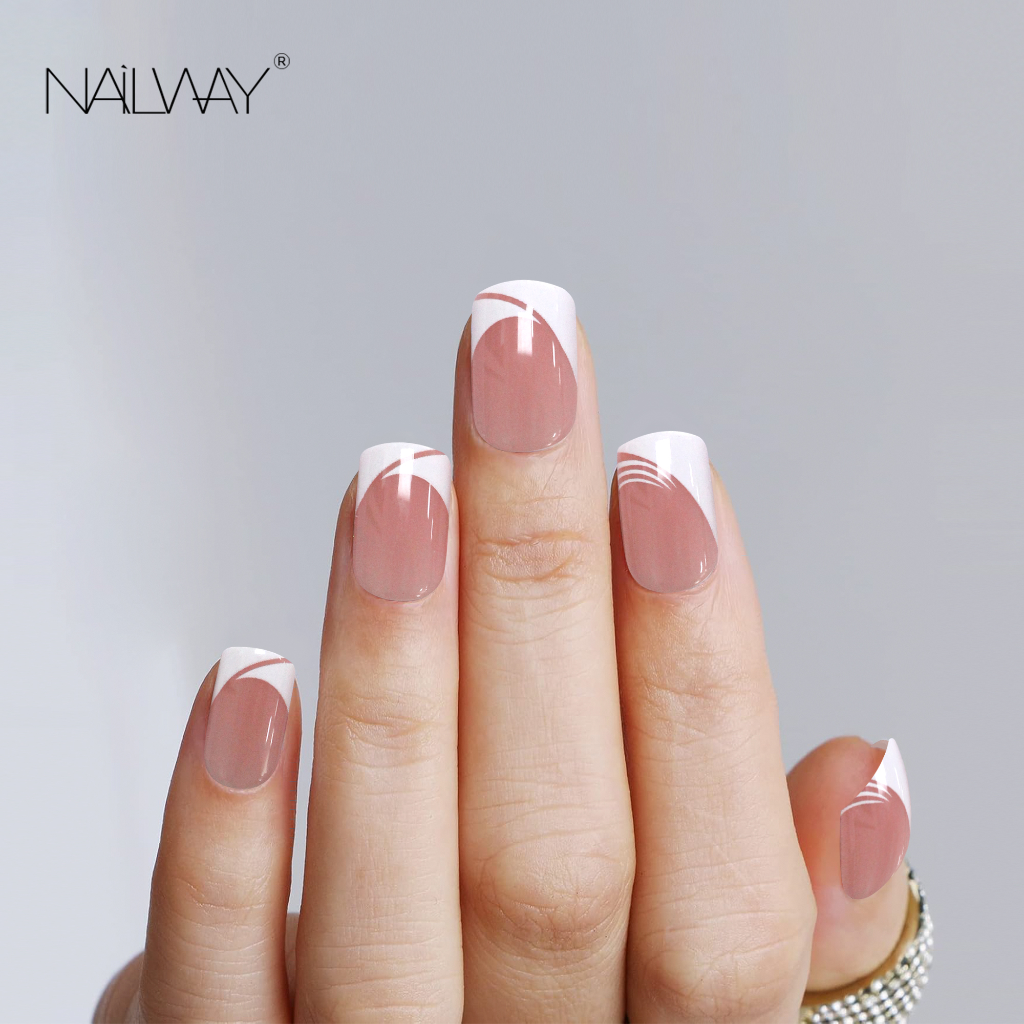 Hot Selling ABS Full Cover 24Pcs 12 Sizes Pink Color White Tip Short Square Press On Nails - Image 2