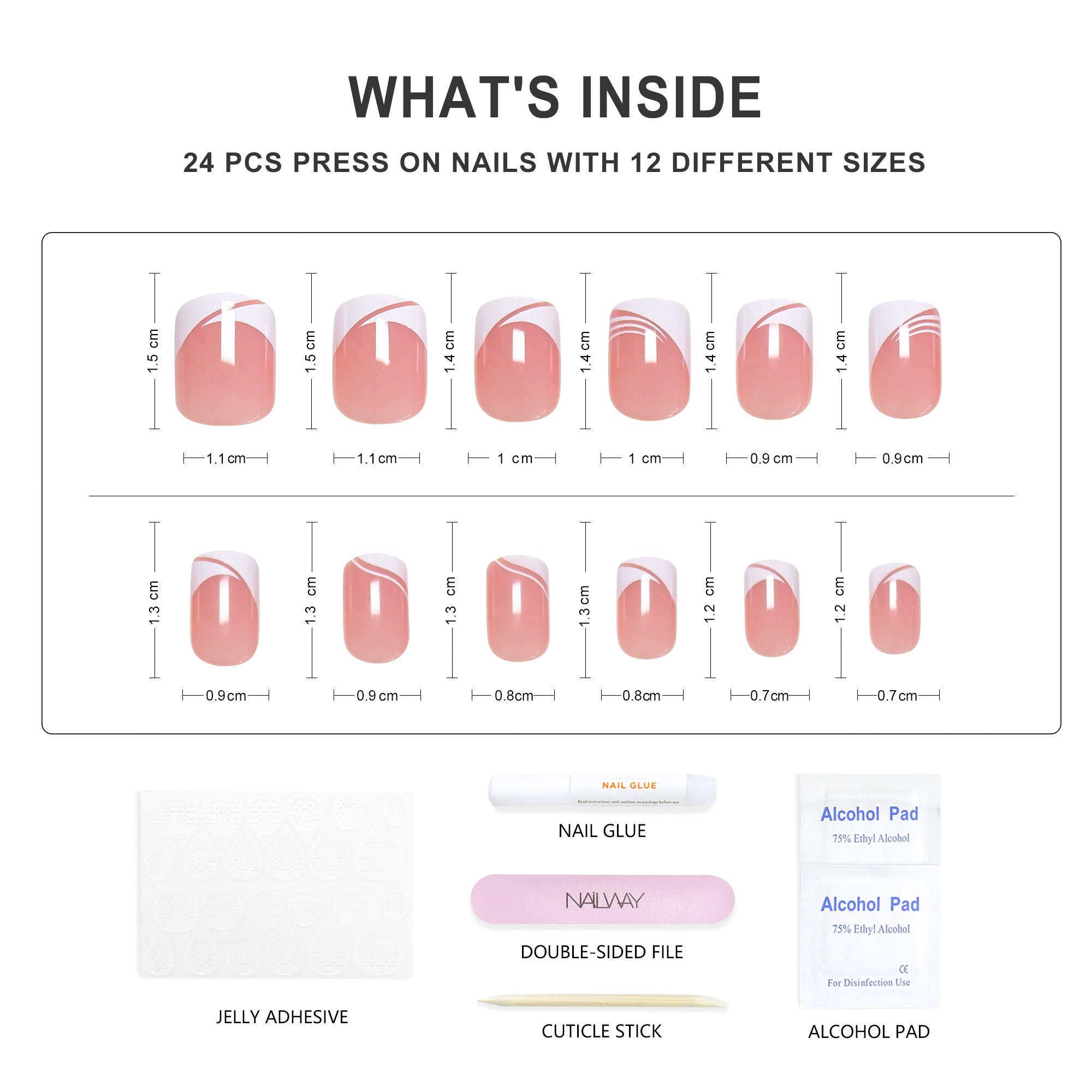 Hot Selling ABS Full Cover 24Pcs 12 Sizes Pink Color White Tip Short Square Press On Nails - Image 4