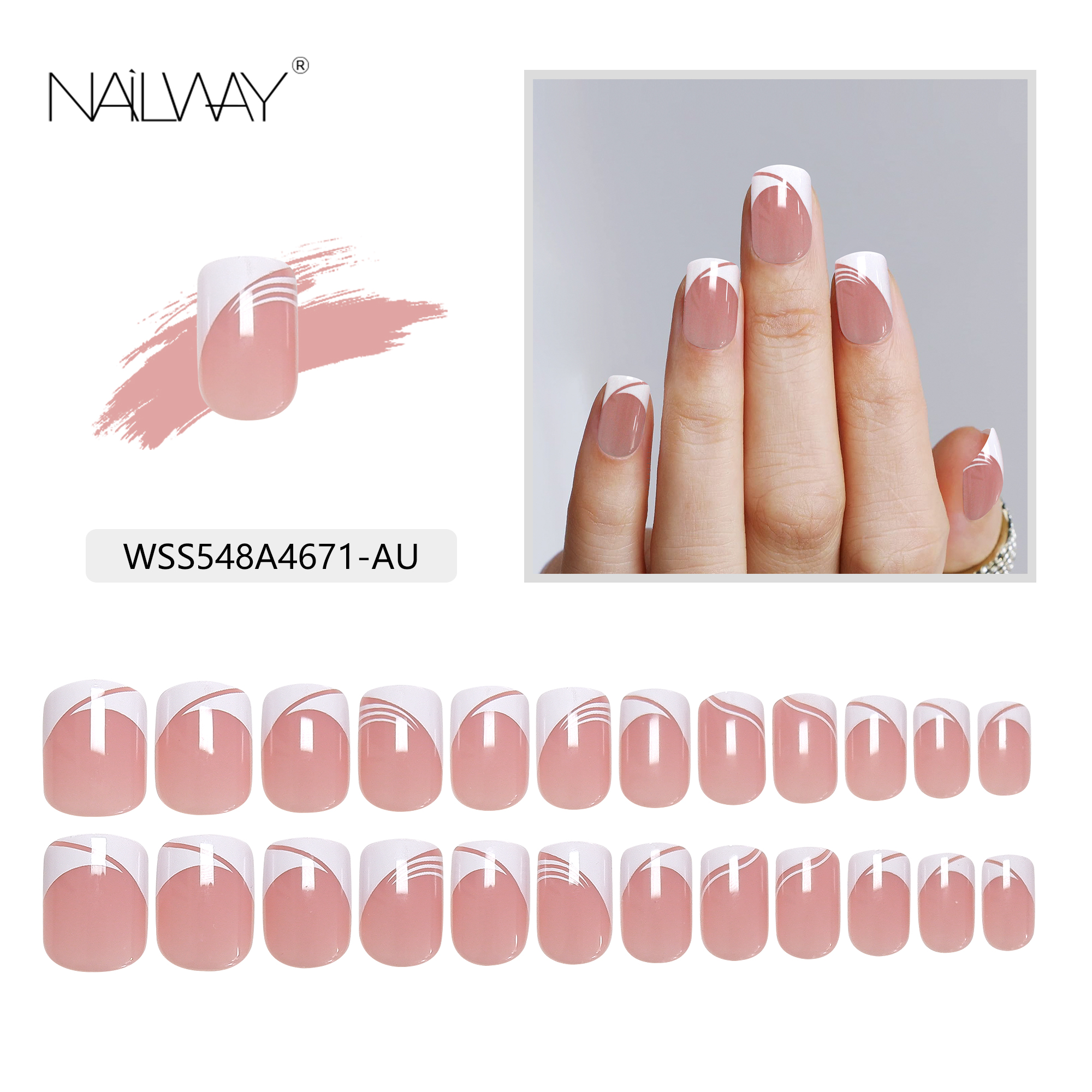 Hot Selling ABS Full Cover 24Pcs 12 Sizes Pink Color White Tip Short Square Press On Nails - Image 5