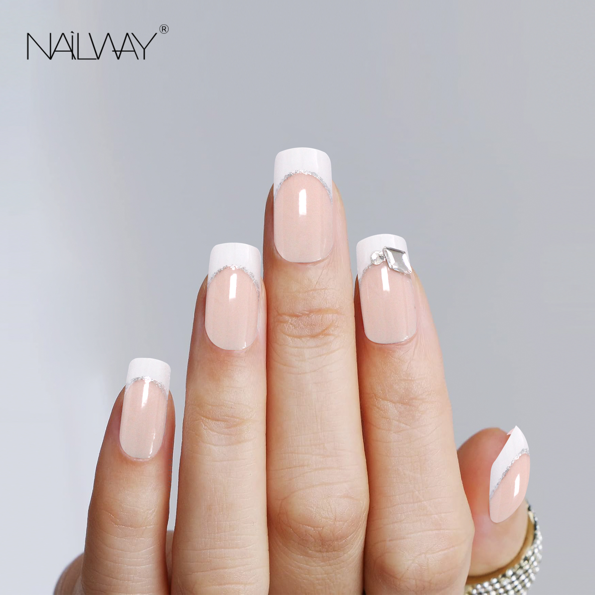 Medium Long Square French Fake Nails White Nail Tip False Nails With Rhinestones - Image 2
