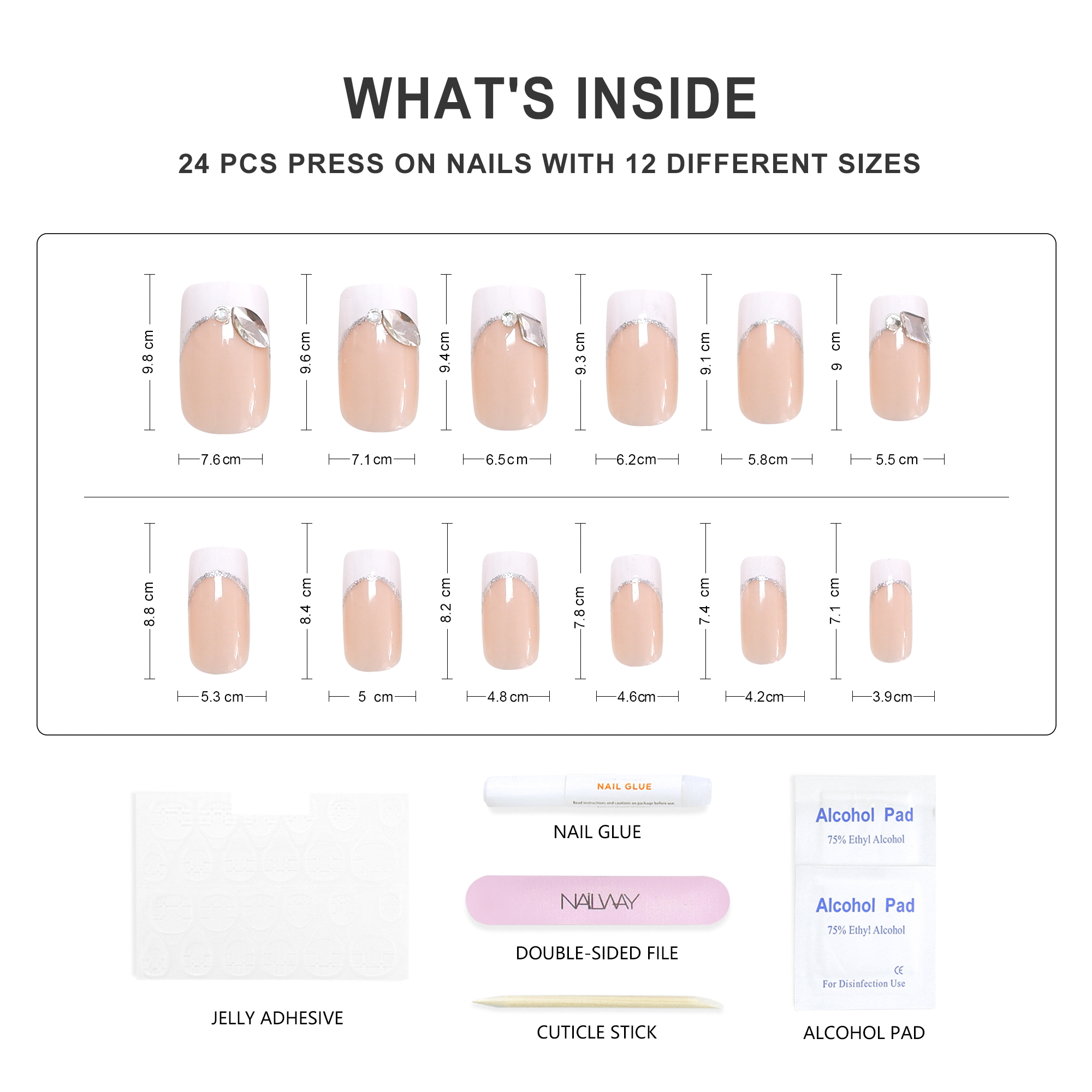 Medium Long Square French Fake Nails White Nail Tip False Nails With Rhinestones - Image 4