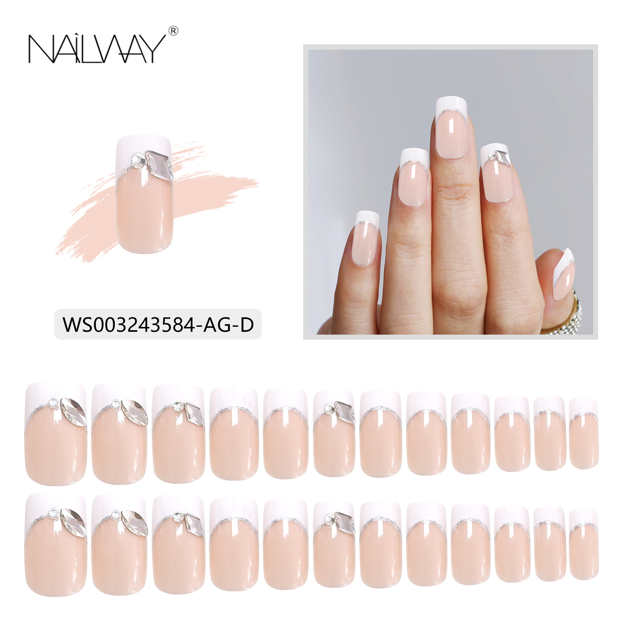 Medium Long Square French Fake Nails White Nail Tip False Nails With Rhinestones - Image 5