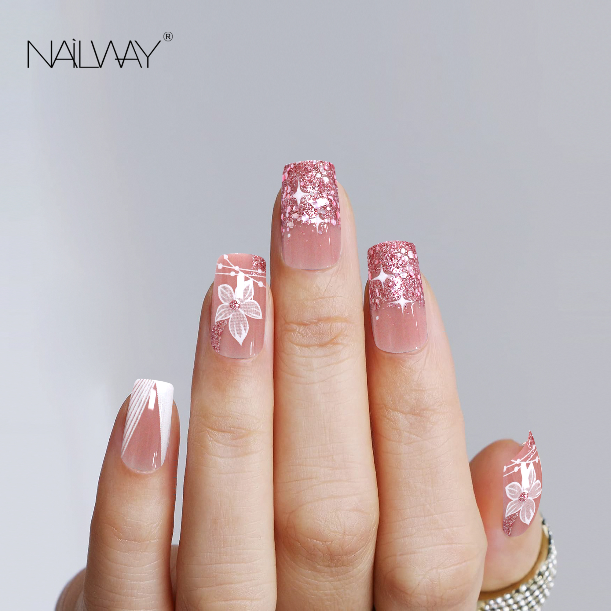 Long Lasting Time ABS Material 24Pcs 12 Sizes Pink Flower Print Short Square Fench Press On Nails - Image 2