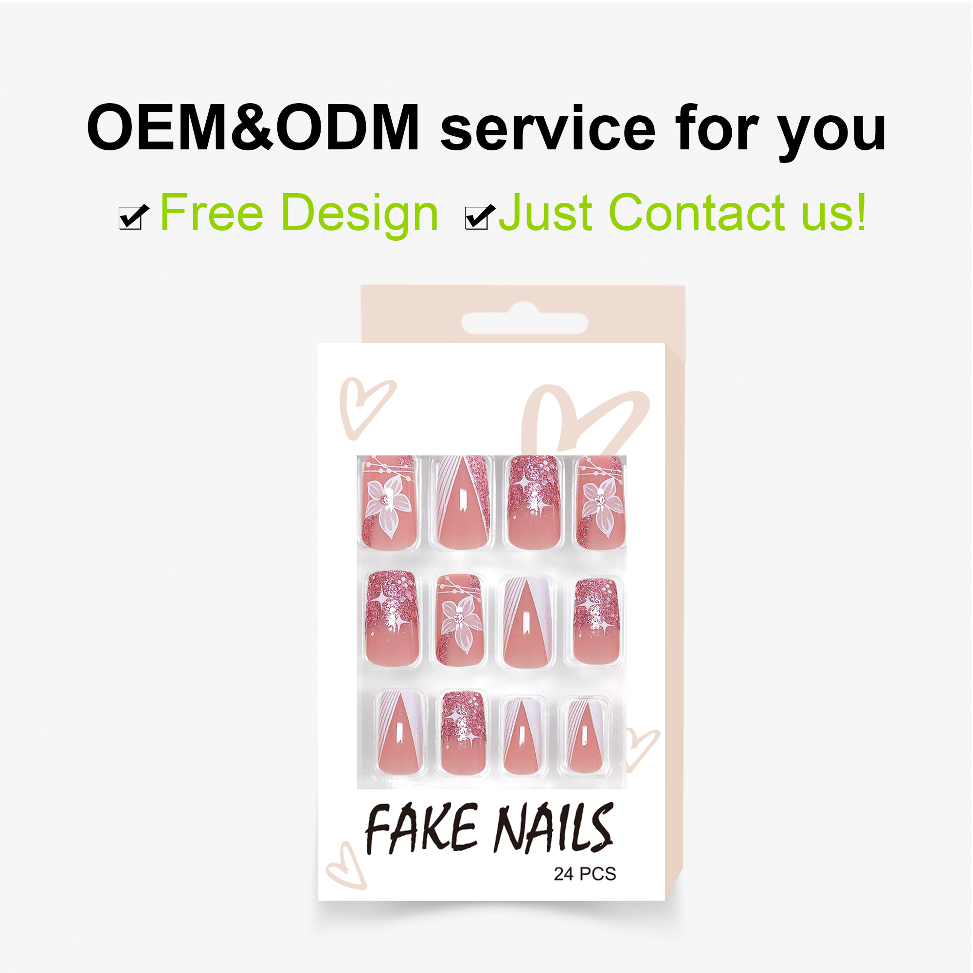 Long Lasting Time ABS Material 24Pcs 12 Sizes Pink Flower Print Short Square Fench Press On Nails - Image 3