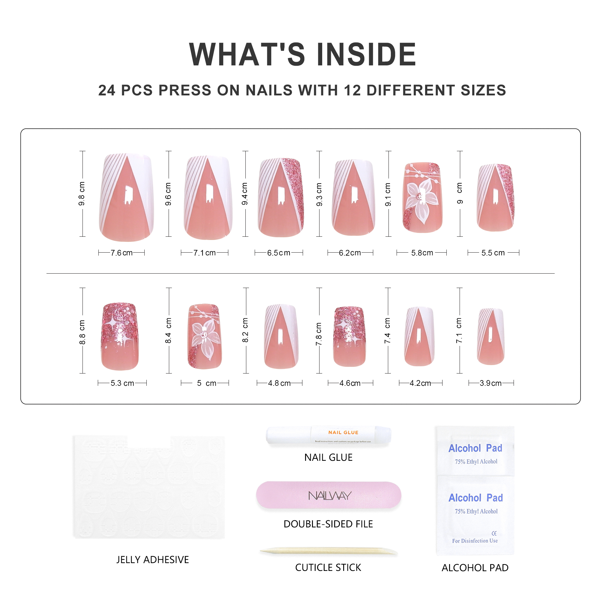 Long Lasting Time ABS Material 24Pcs 12 Sizes Pink Flower Print Short Square Fench Press On Nails - Image 4