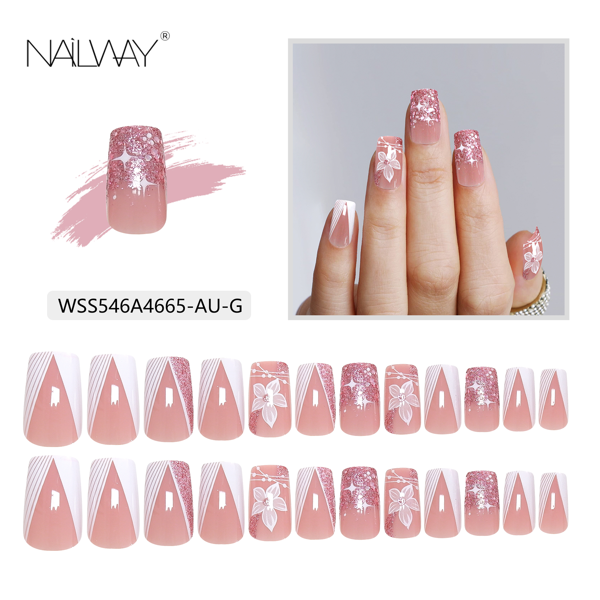 Long Lasting Time ABS Material 24Pcs 12 Sizes Pink Flower Print Short Square Fench Press On Nails - Image 5