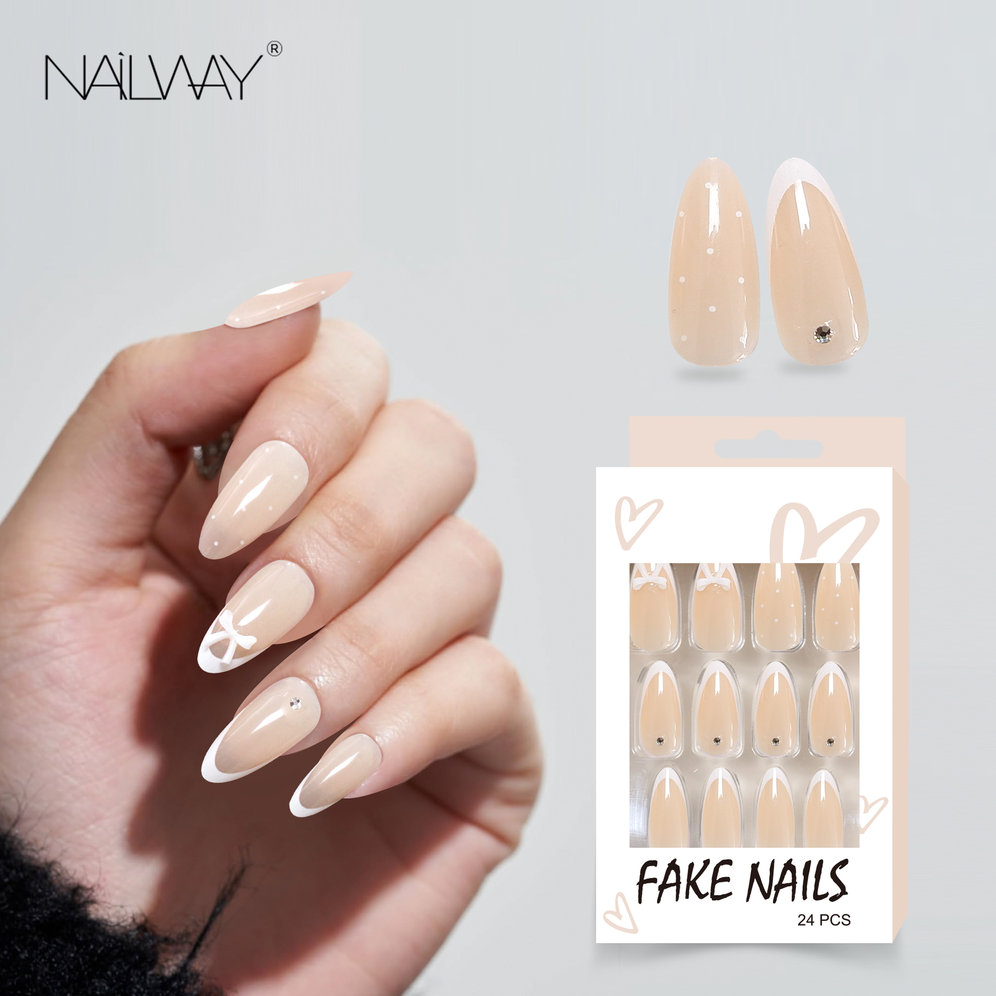 Nailway Instant Manicure 24Pcs 12Sizes Full Cover Glossy White Nail Tip French Press On Nails