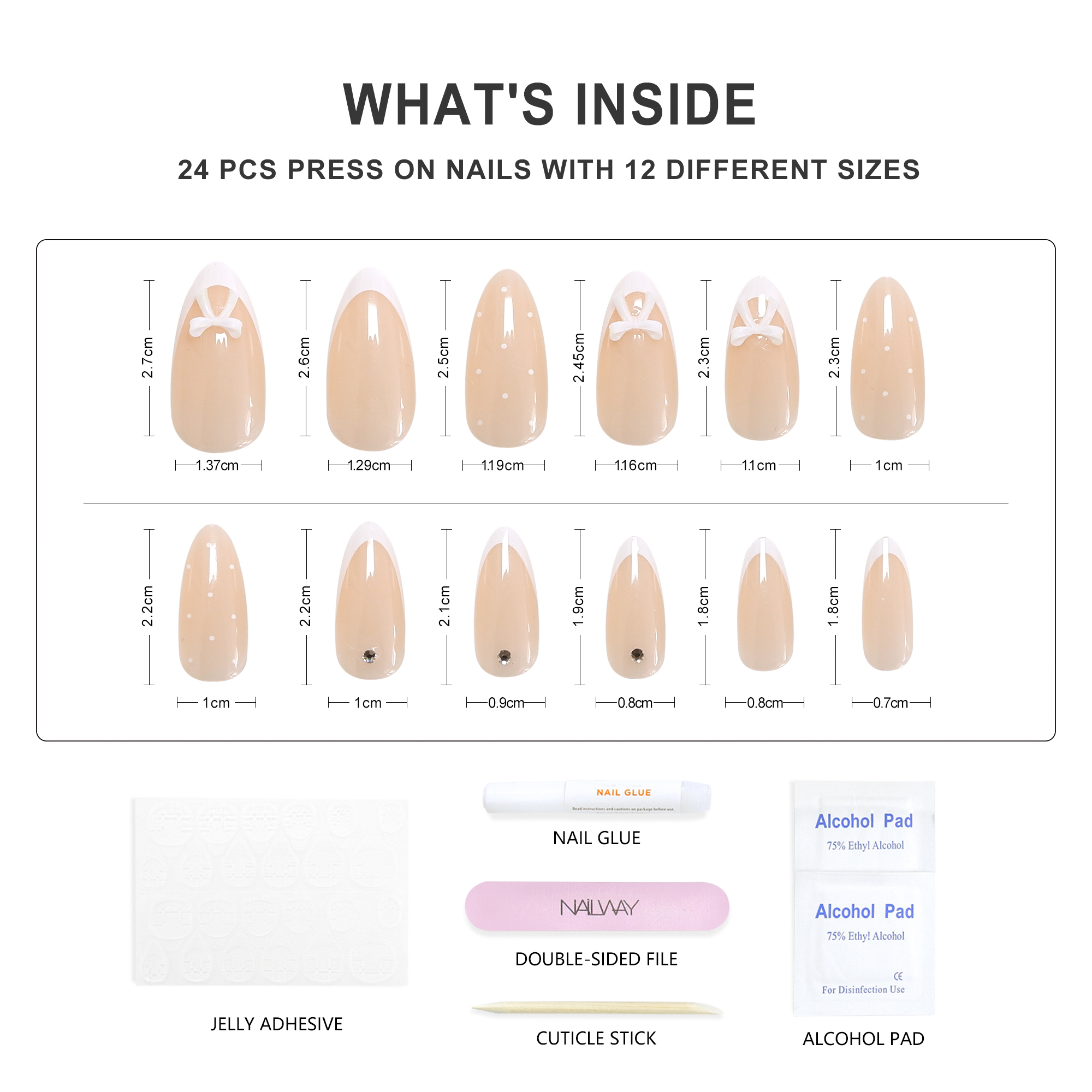 Nailway Instant Manicure 24Pcs 12Sizes Full Cover Glossy White Nail Tip French Press On Nails - Image 4