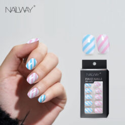 Nailway Acceot Custom Service Long Lasting Time Blue And Pink Stripe Design Short Square Fake Nails