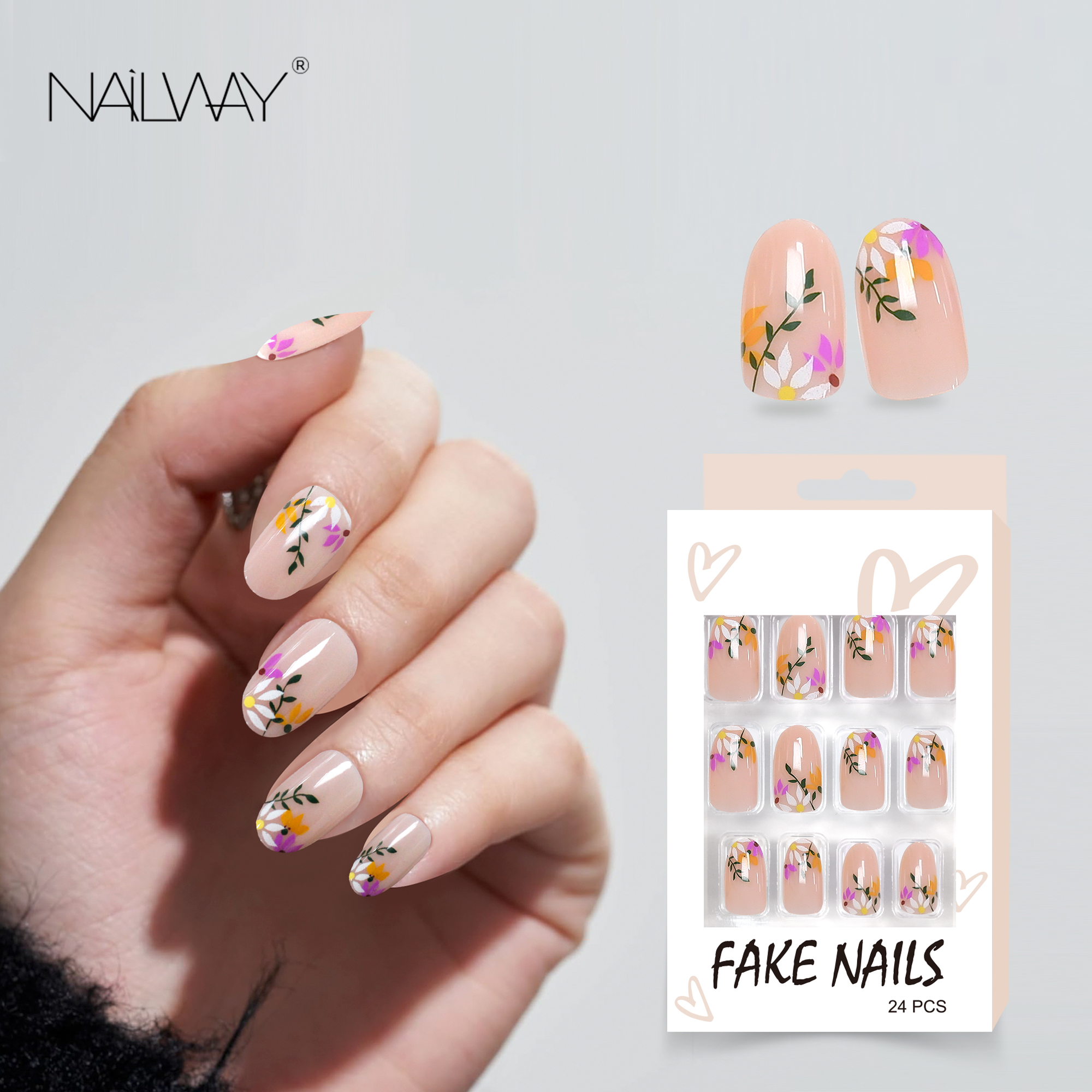 Chinese Style Embossed Floral False Nails Colorful Flower Print Short Almond Fake Nails Artificial Nails
