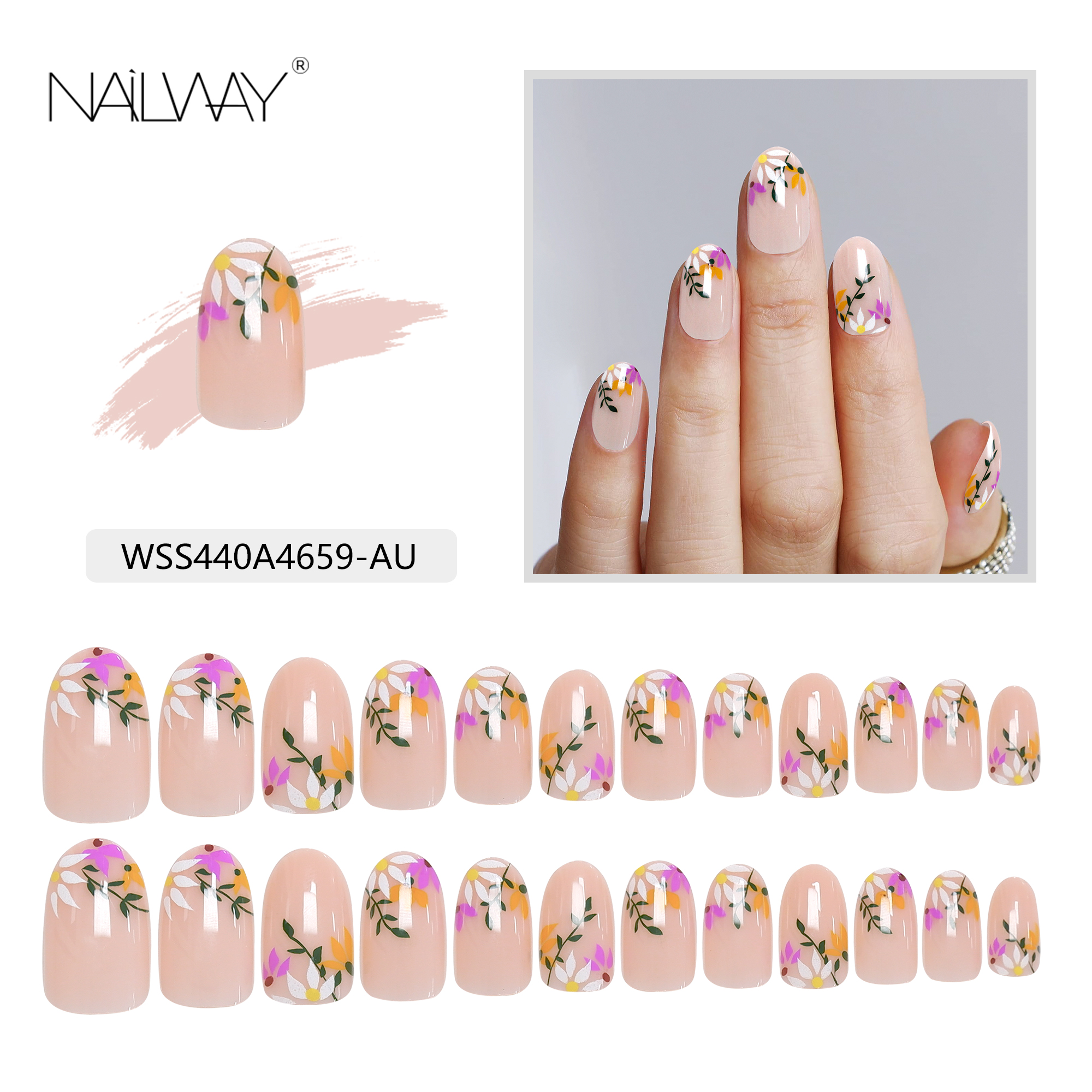 Chinese Style Embossed Floral False Nails Colorful Flower Print Short Almond Fake Nails Artificial Nails - Image 5