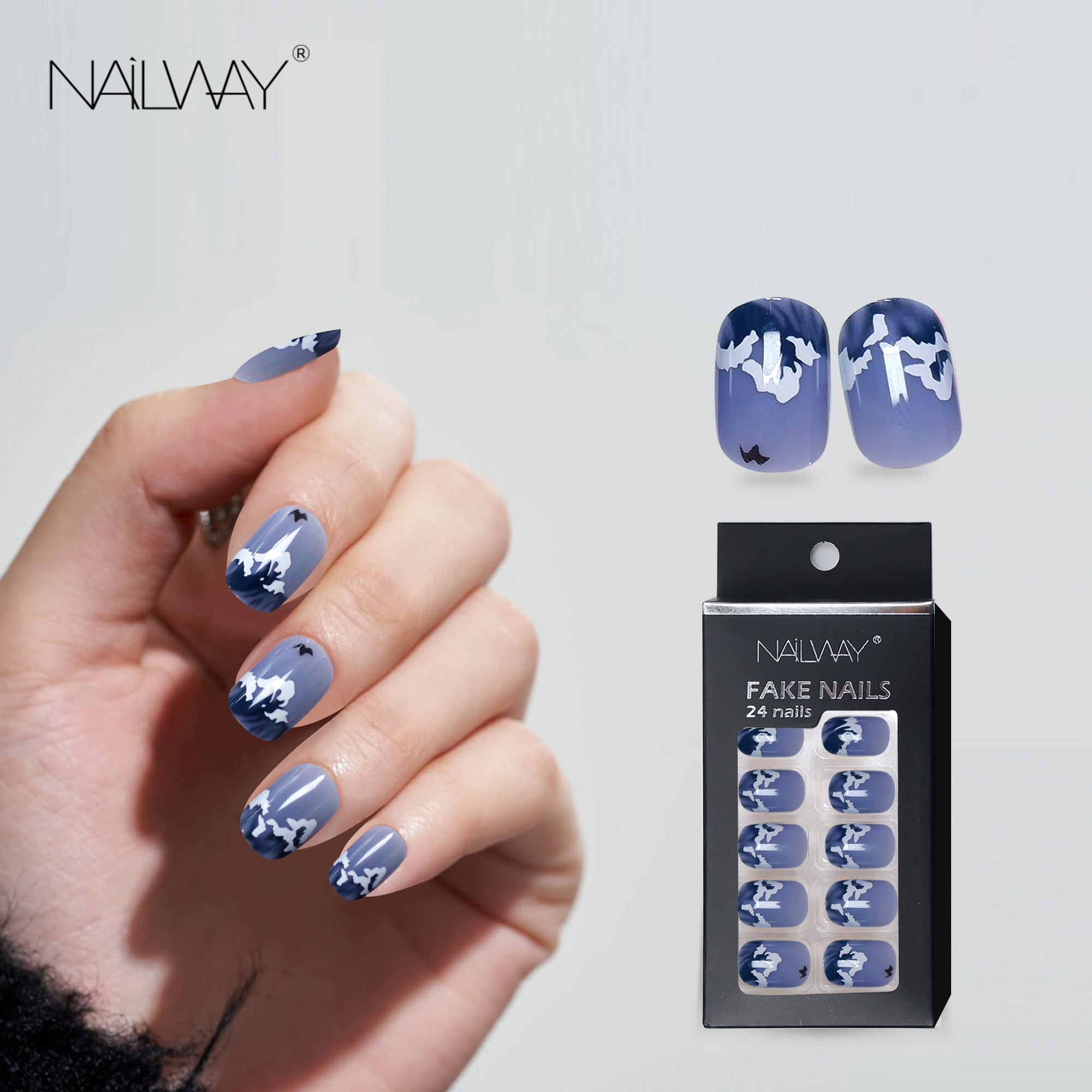 Nailway High Quality Deep Blue Color Halloween Style Short Square Artificial Fingernails