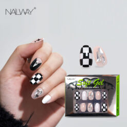 Nailway High End Black And White Color Glossy Soft Gel False Nails With Rhinestones